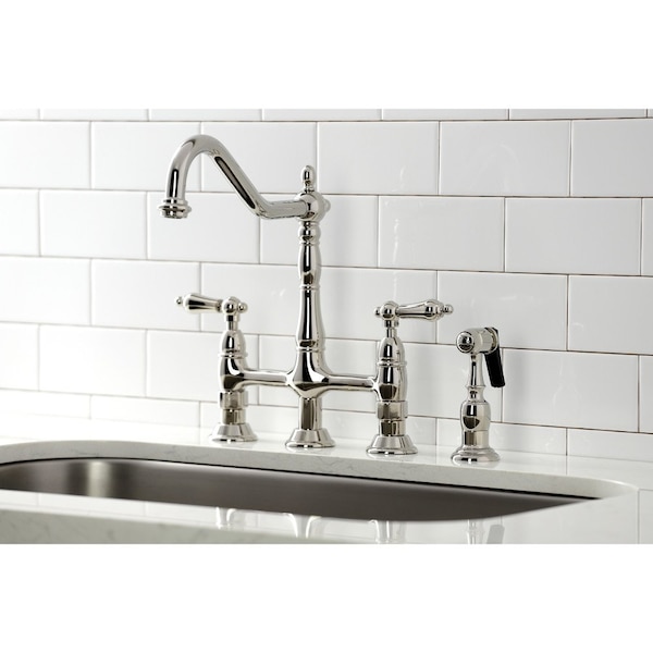 KS1276ALBS Heritage Bridge Kitchen Faucet W/ Brass Sprayer, Nickel